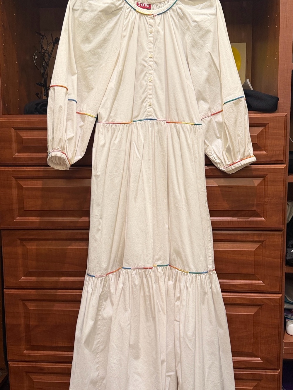 STAUD Kids White Tiered Dress with Rainbow Piping